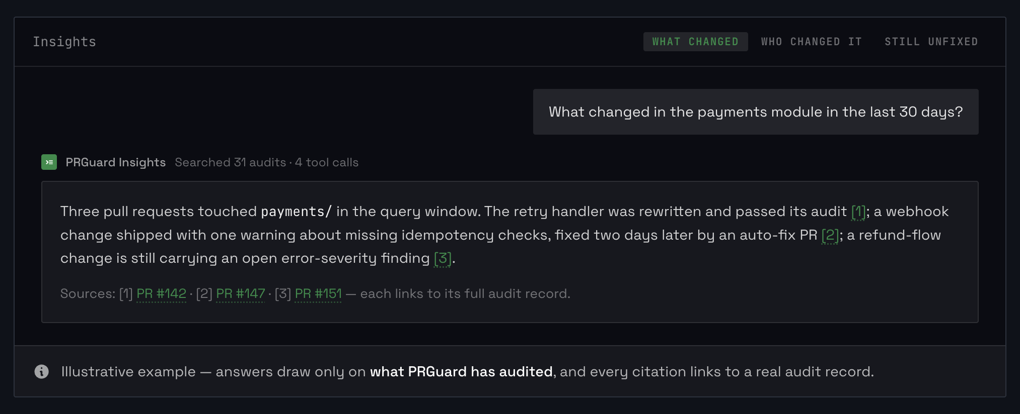 Insights answering a question about the payments module, with a citation for every claim